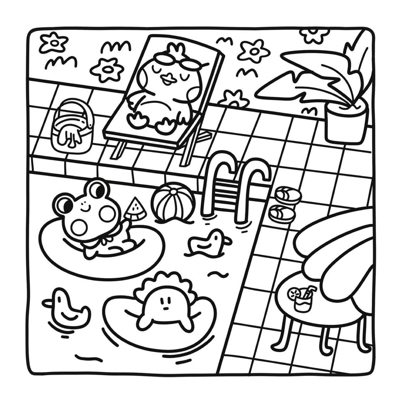 Free printable Kooki bonus coloring page with poolside characters